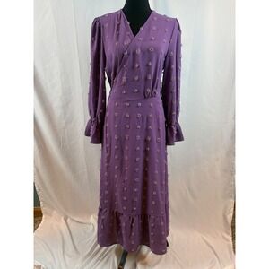 Purple Textured Dot Wrap Midi Dress Long Sleeve Ruffle Hem Large